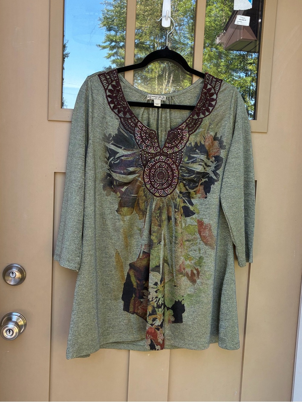 Energe Top Green Studded Embroidered 3/4 Sleeves Women's 1X